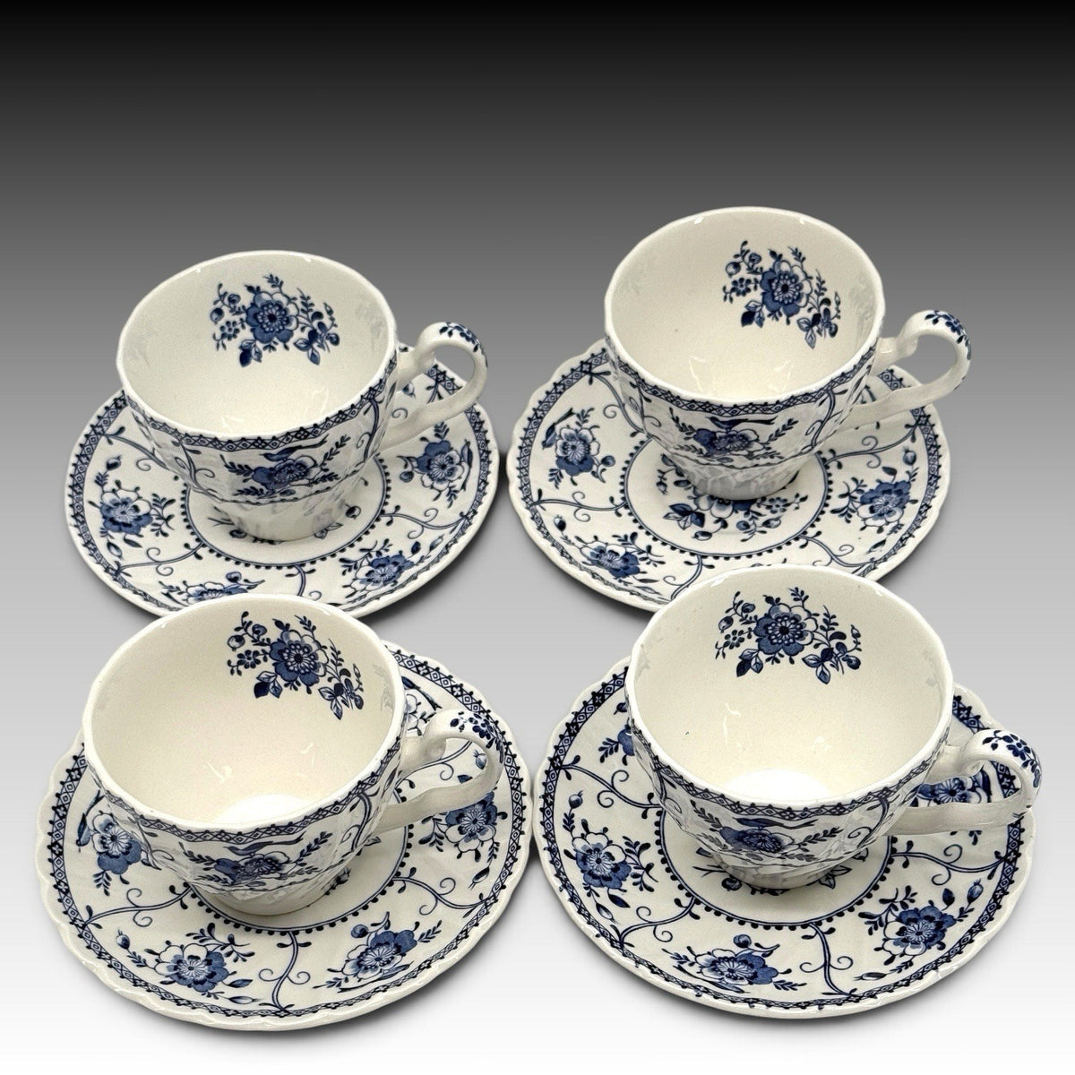 Johnson Brothers Indies Blue White Ironstone Cups Saucers England Set 4 Vintage