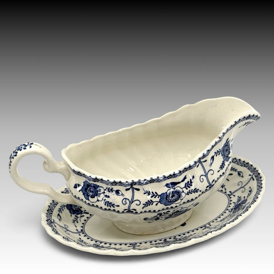 Johnson Brothers Indies Blue Onion Gravy Boat Underplate England Vtg 2 Pc Set