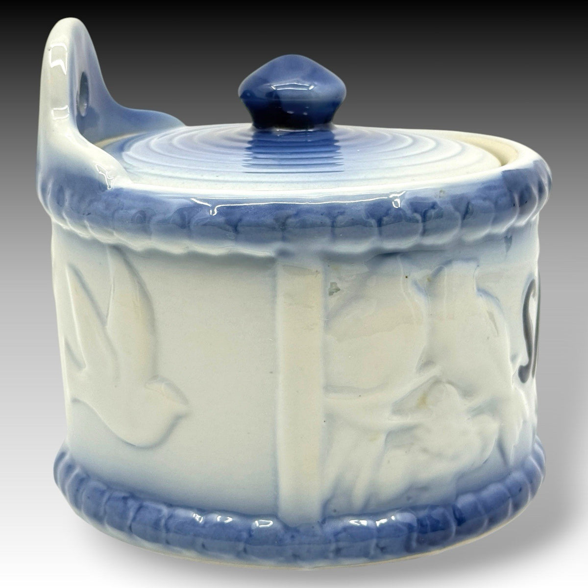 Antique Blue White Stoneware Hanging Salt Crock Box Embossed Birds Wall Mounted