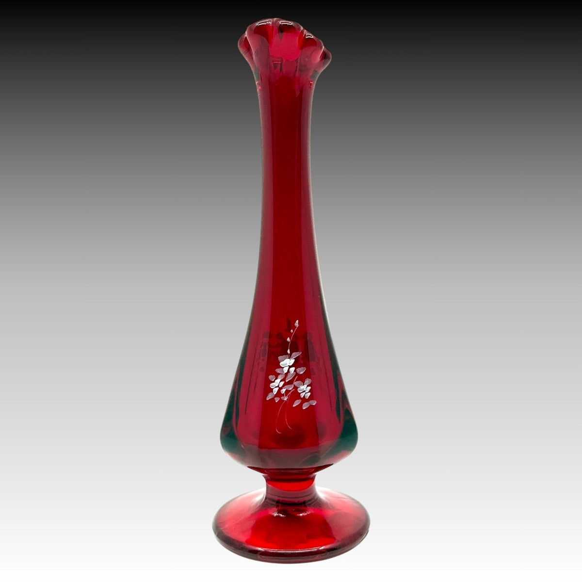 Vintage Fenton Ruby Red Swung Bud Vase Hand Painted Floral Art Glass 7.75 Inches