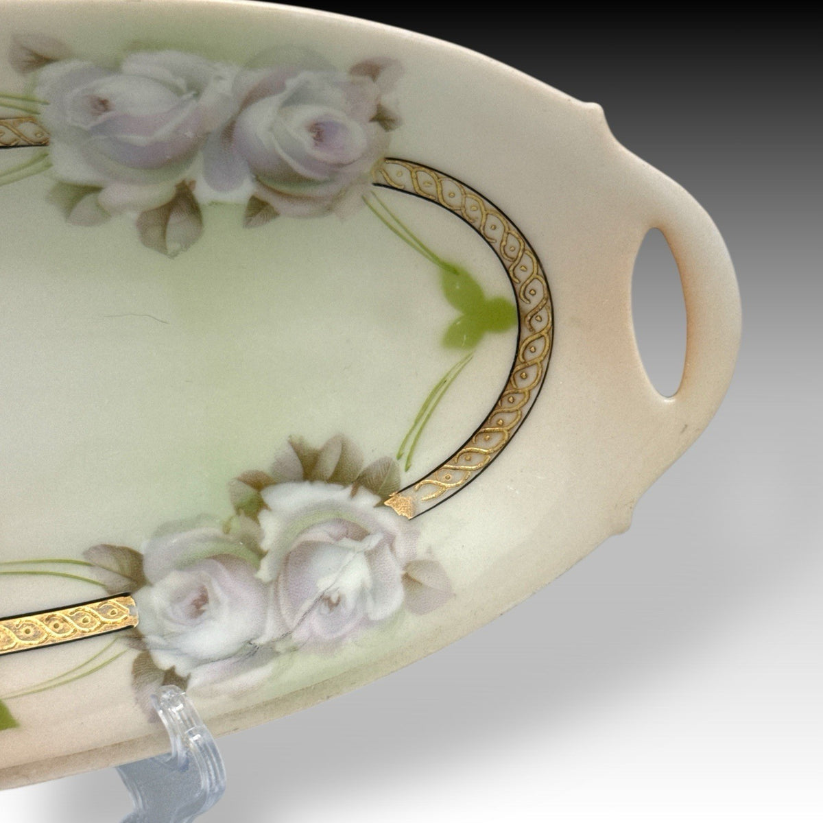 VTG BAVARIA Oval Celery Dish RELISH TRAY Roses & GOLD TRIM Open Handles 10"