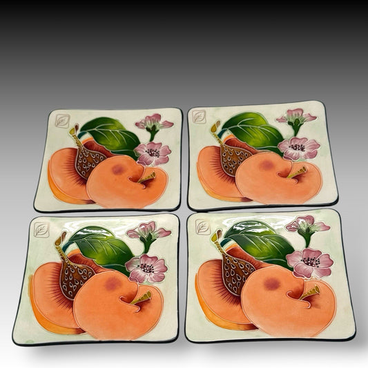 J McCall Blue Sky Peaches Embossed Ceramic Plates Set of 4 2004 5.5” Square