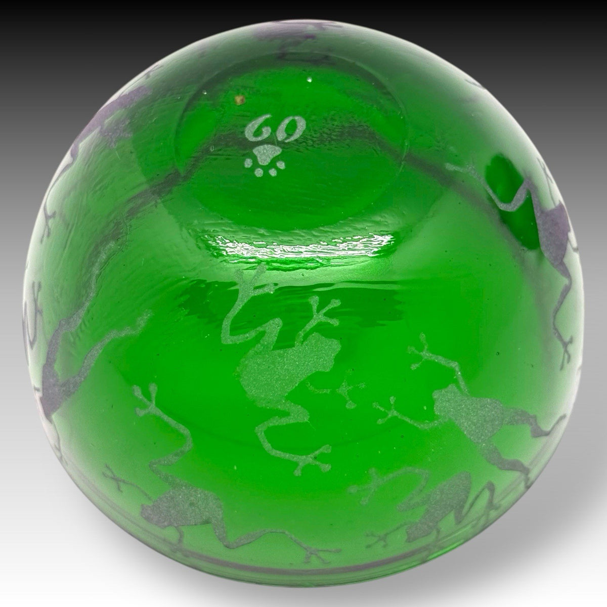 Vintage Pewter FROG on Green Bubble Glass PAPERWEIGHT & Etched FROG BOWL Set