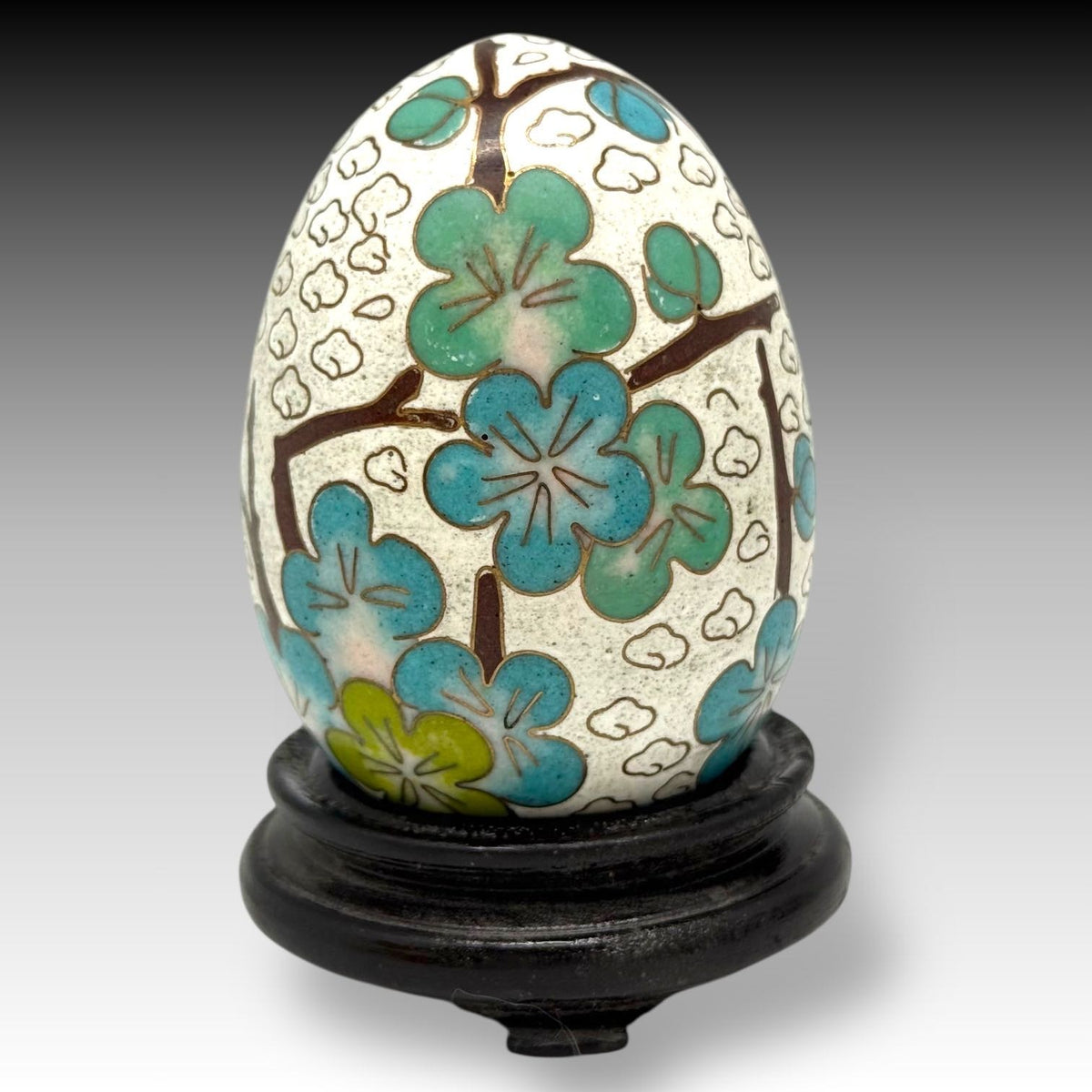 Set of 4 Vintage CHINESE CLOISONNÉ on COPPER EGGS – Lotus Motif with Wood Stands