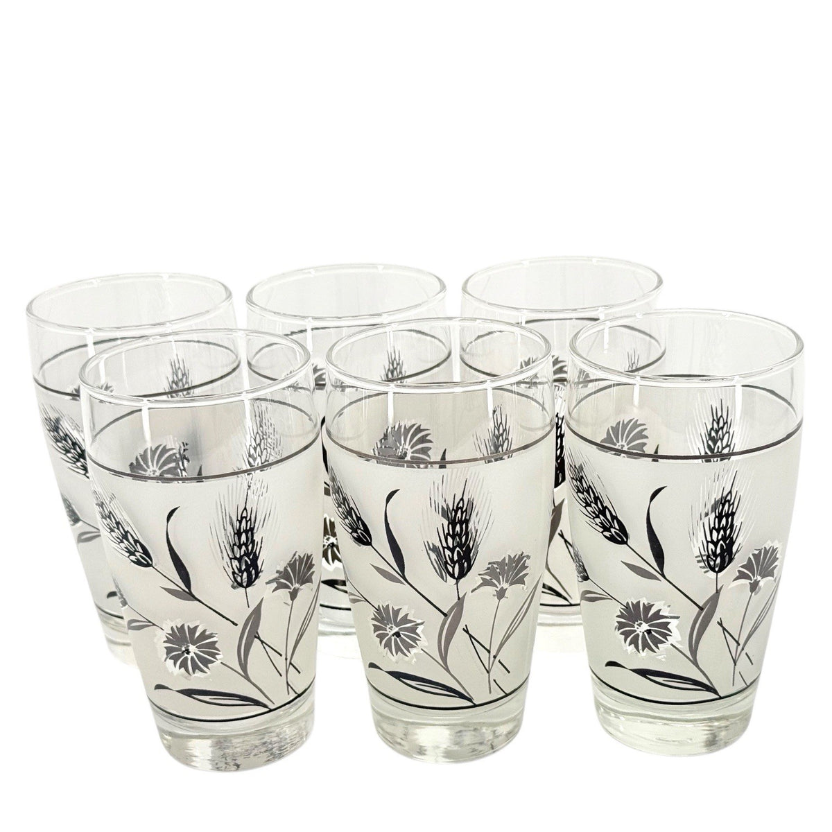Libbey Silver Leaf Frosted Tumblers Set Of 6 MCM 1950s 12 Oz Drinking Glasses