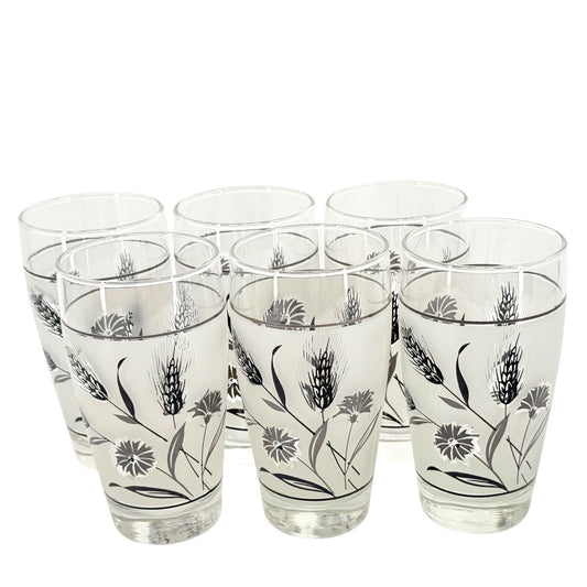 Libbey Silver Leaf Frosted Tumblers Set Of 6 MCM 1950s 12 Oz Drinking Glasses