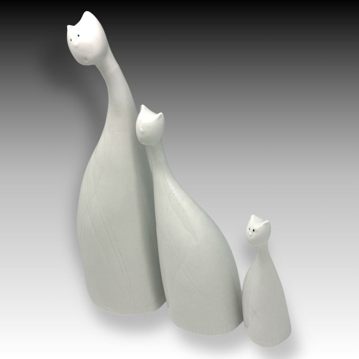 Mid Century Modern White Porcelain Cat Trio Long Neck Glossy Cats Figurines MCM