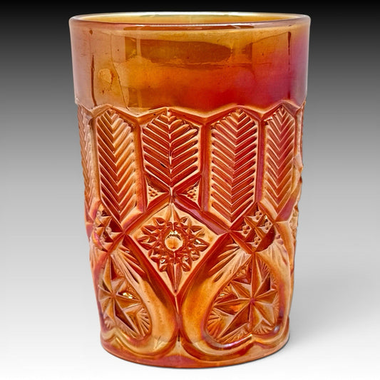 Millersburg Feather & Heart Marigold Carnival Glass Tumbler, Antique 4 Inch RARE