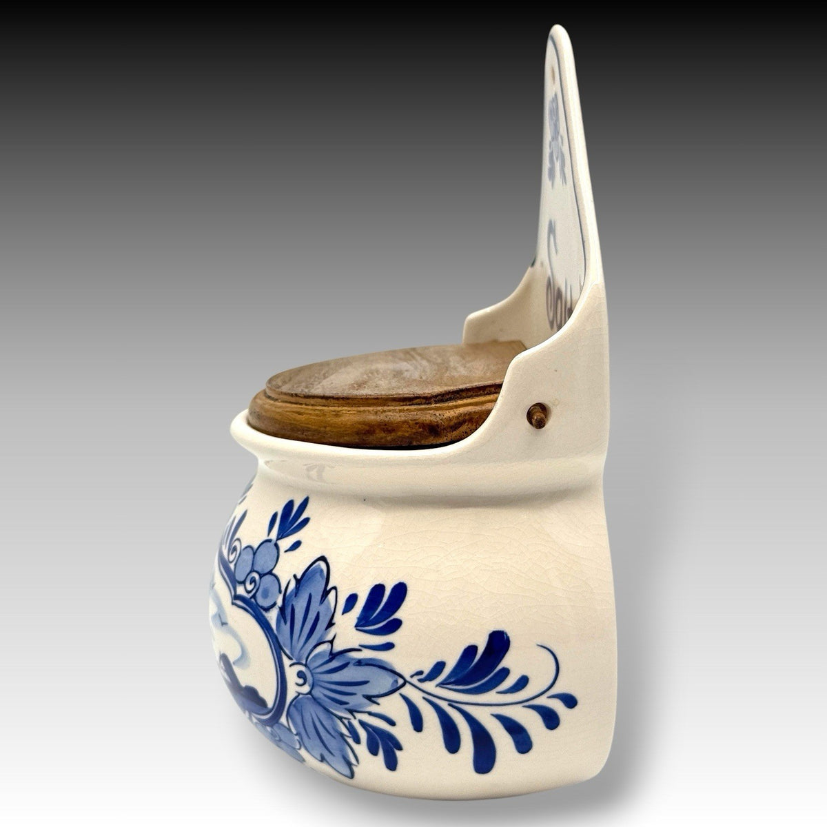 Hand Painted Delft Blue Wall Hanging Salt Box Windmill Wood Lid Vintage Rare