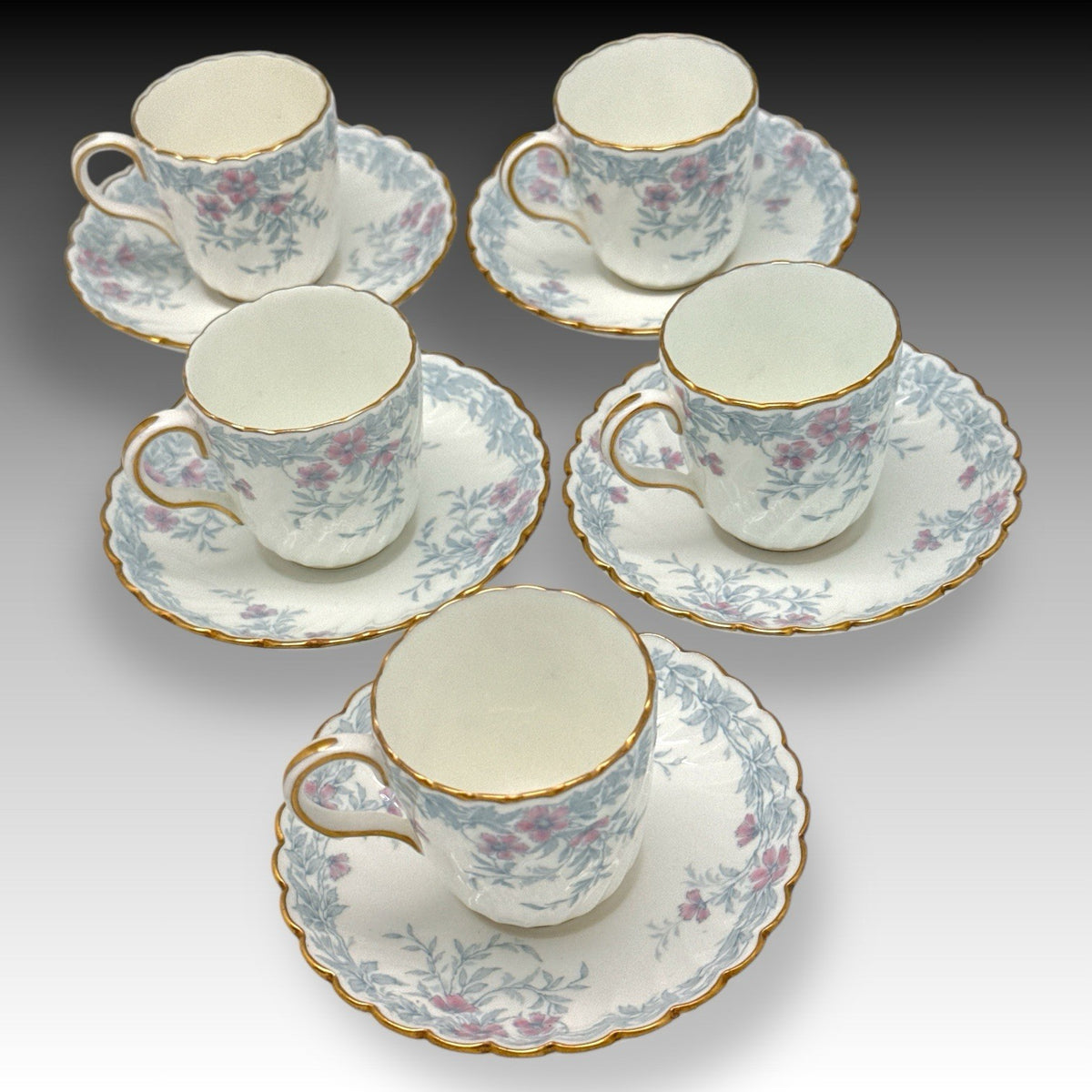 Mintons Garden Pinks Demitasse Cups & Saucers Set of 5 England Bone China EUC