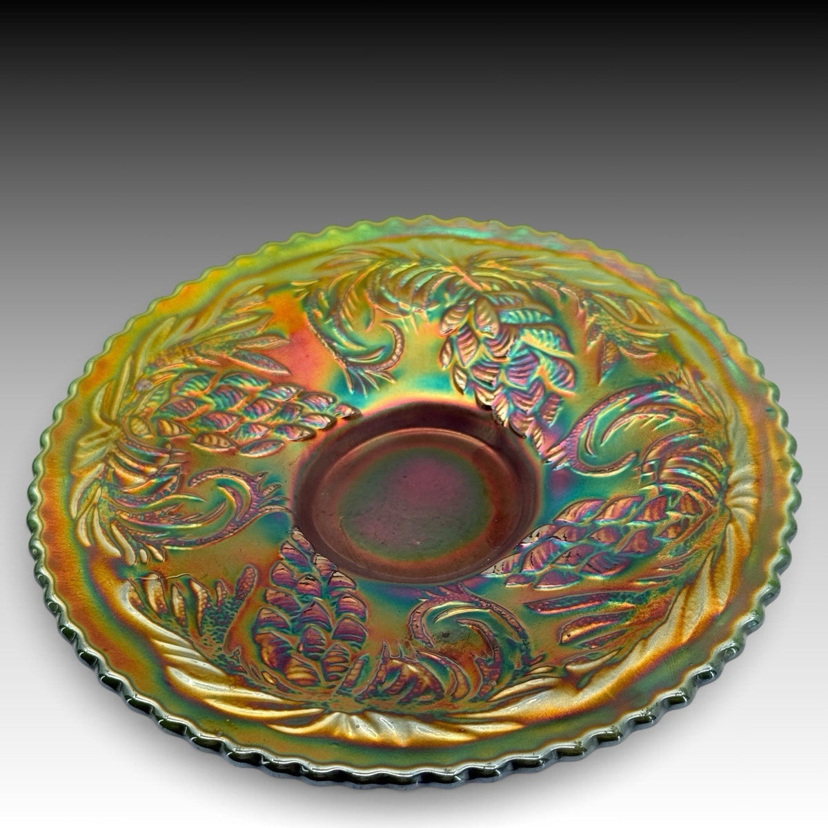Fenton Pinecone Green Carnival Glass Flat Plate 6.25 Inches Antique Vintage