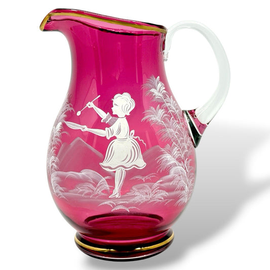 Vintage Cranberry Mary Gregory Hand Painted Art Glass Water Pitcher Gold Trim