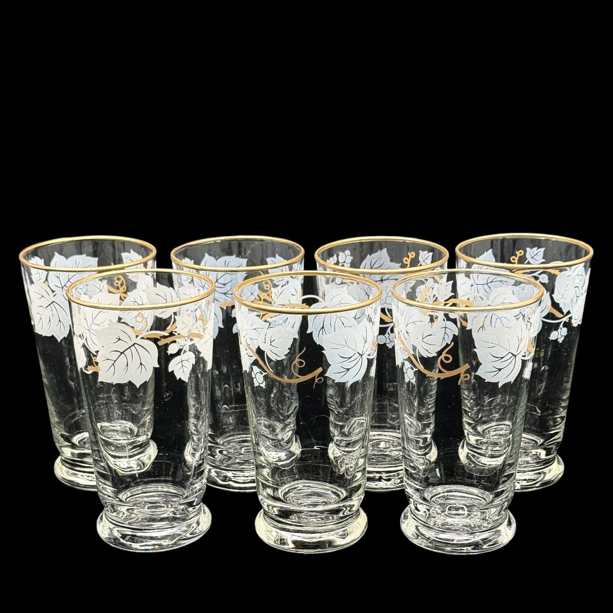Vintage Libbey Leaf & Vine 12 oz Tumblers Set of 7 Gold Rim