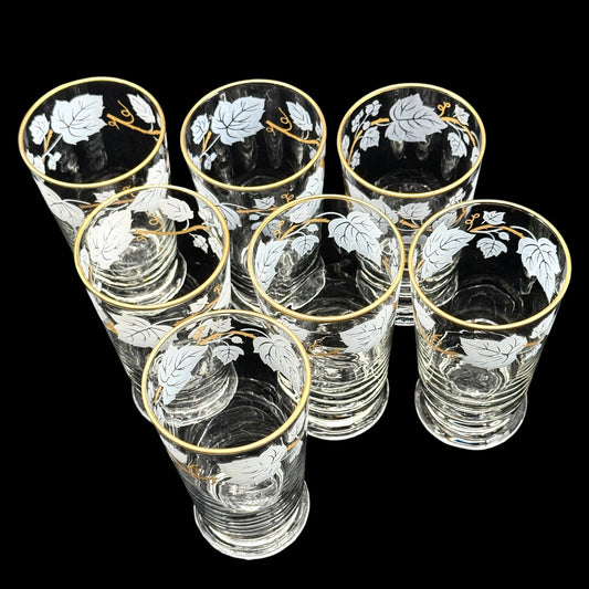 Vintage Libbey Leaf & Vine 12 oz Tumblers Set of 7 Gold Rim