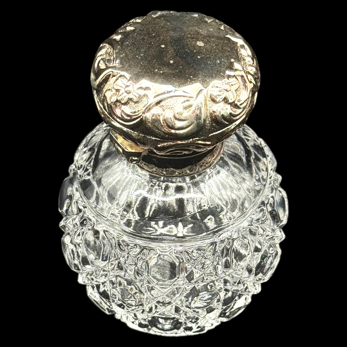 Godinger Alexandra Round Crystal Perfume Bottle with Hinged Ornate Lid