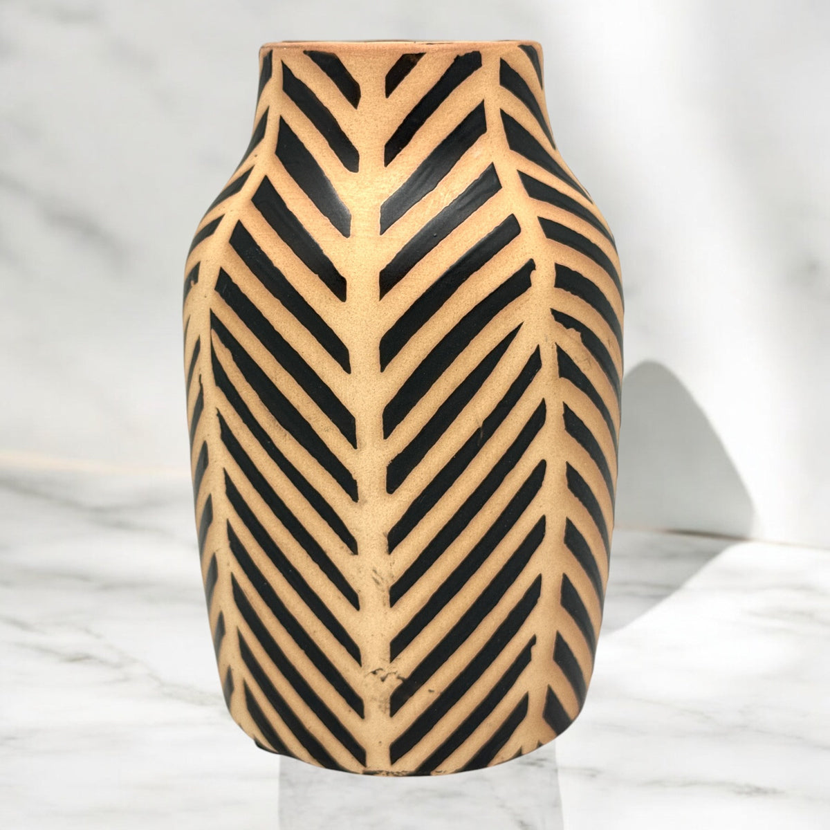 Home Essentials STRIPED CERAMIC VASE Approx 8” Tall & 4” Wide RUSTIC Stout
