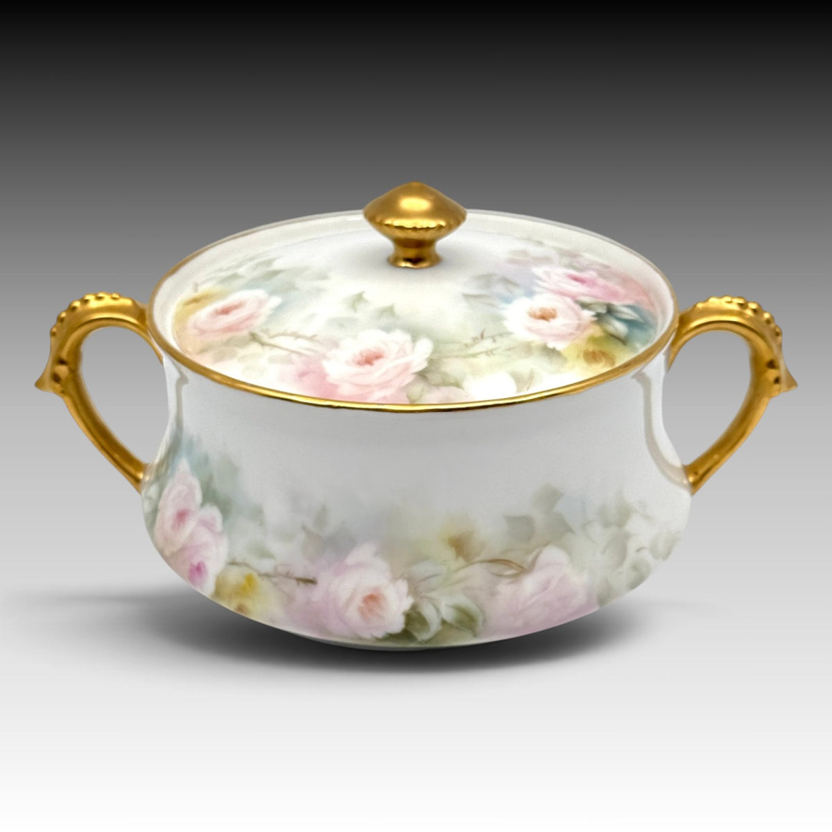 Antique T&V Limoges hand-painted rose biscuit jar front view