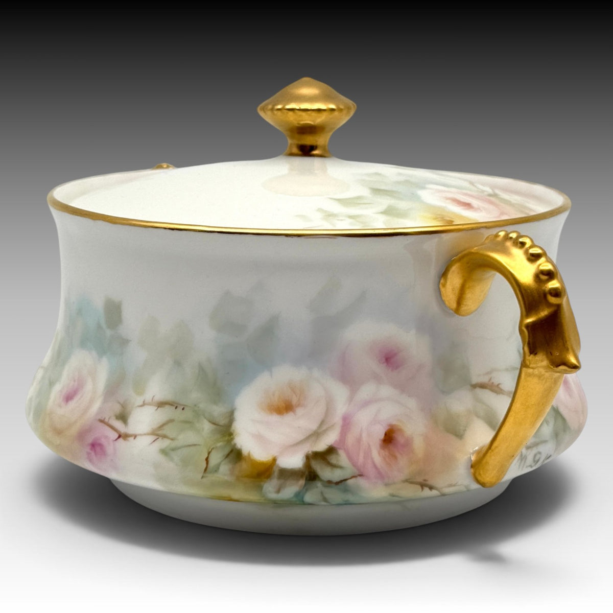 T&V Limoges hand-painted rose biscuit jar side and gilded handle