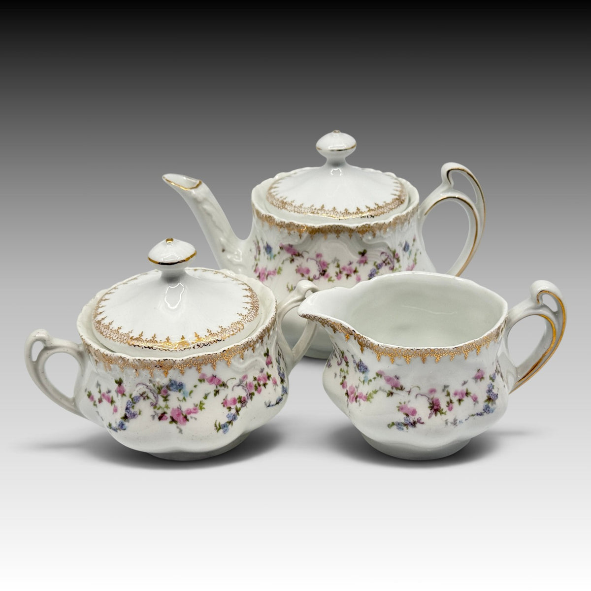 Antique Z.S. & Co. Bavaria signed floral porcelain teapot creamer and sugar set
